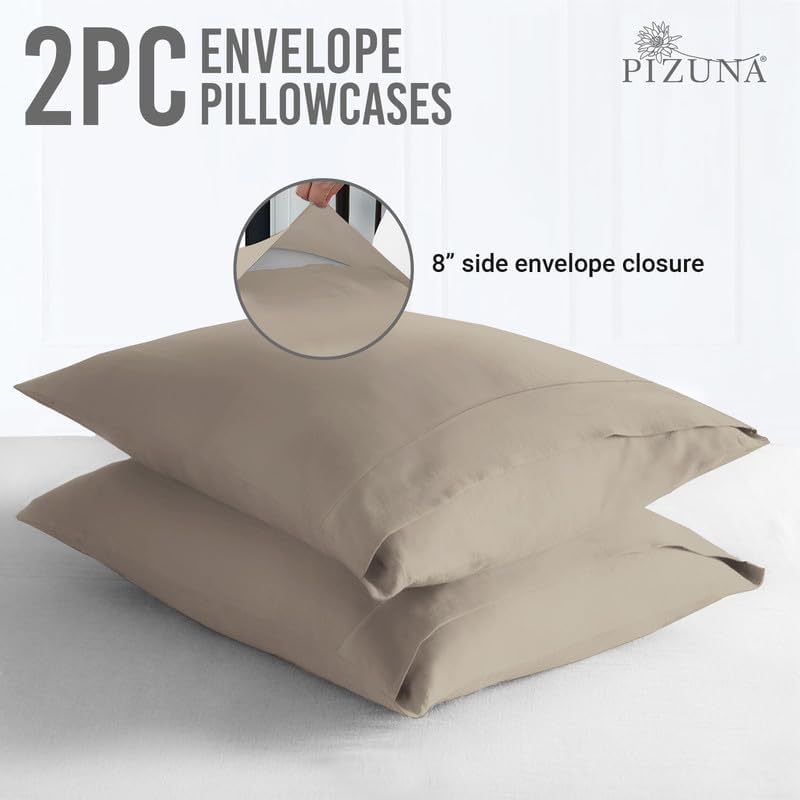 Pizuna 100% Cotton Queen Size Envelope Pillow Cases 600 TC Simply Taupe - Image 3
