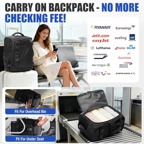 suwasp Travel Backpack with Toiletry Bag Set for Women Men,Ryanair Backpack 40x30x20CM Airline Approved Personal Item Travel Bag, Carry On Backpack Fits 14 Inch Laptop, 180° Opening,Black - Image 4