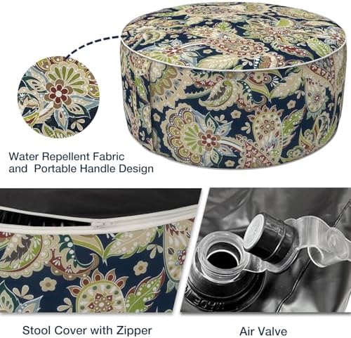 Outdoor Inflatable Stool Ottoman, All Weather Portable Footrest Stool, Furniture Stool Ottomans for Home Garden Beach, D31”xH14”, Paisley Sapphire Blue - Image 3