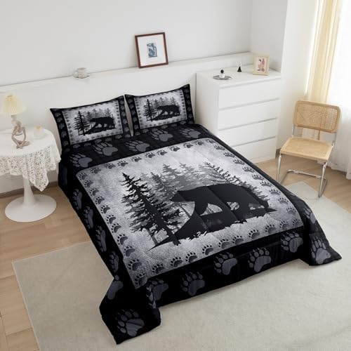 Bear Print Kids Comforter Set King Size,Wild Animal Pine Trees Retro Bedding Set All Season Bear Paw Pattern Quilt Set with 2 Pillowcases,Rustic Grid Plaid Hunt Lodge Decor Polyester Comforter, Grey - Image 5