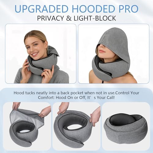 Memory Foam Travel Neck Pillow for Airplane – New Ergonomic Wrap-Around Design，Washable Cover, Carry Bag & Sleep Mask – for Sleeping Plane Train Travel Essentials (Light Gray) - Image 2