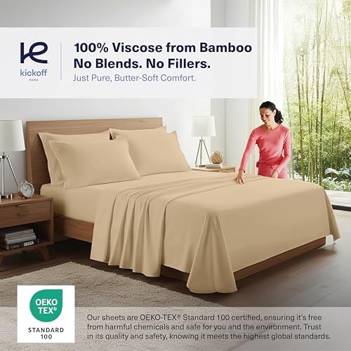 Kickoff Viscose Bamboo Sheets King Size 4-pc 100% Organic Bamboo Viscose Bed Cooling Sheets King Size Set Cool Bedding for hot Sleepers Sheet Set - Gift Ready Packaging (Beige, K) - Image 3