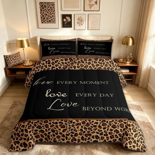 Castle Fairy Leopard Print Full Size Comforter Set,African Wild Animal Fur Pattern Bedding Comforters Bedroom Collection,Cheetah Skin Brown Black Bedding Set for Girls Teens by CastleFairy