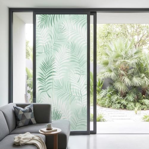 Window Privacy Film Frosted, Light Green Botanical Non-Adhesive Static Cling Window Tint, Summer Palm Leaves Foliage Tropical Insulated Windows Frosted Films for Living Room, 35.4 x 78.7 Inches - Image 2