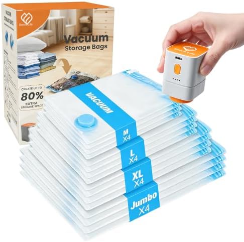 16-Pack Vacuum Storage Bags with Rechargeable Pump, 4 Sizes for Home by BonreLife