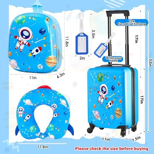 Sanwuta 4 Pcs Hardside Kids Luggage Set Space Blue 18 Inch Astronaut - Image 2