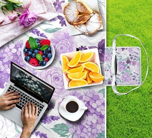 MNSRUU Picnic Blanket Waterproof Foldable, Rose Hydrangea Flowers in Purple Large Outdoor Picnic Beach Camping Blanket Travel Mat, Shoulder Strap Tote, Rectangle 57x59in - Image 4