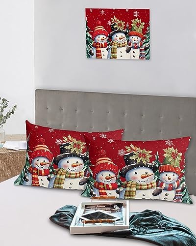 Red Snowman Christmas Pillow Cases Standard Size Set of 2, Xmas Tree Berry Microfiber Bed Throw Pillow Covers, Winter Snowflake Decorative Lumbar Pillow Cover with Envelope Closure for Sofa 20"x26" - Image 5