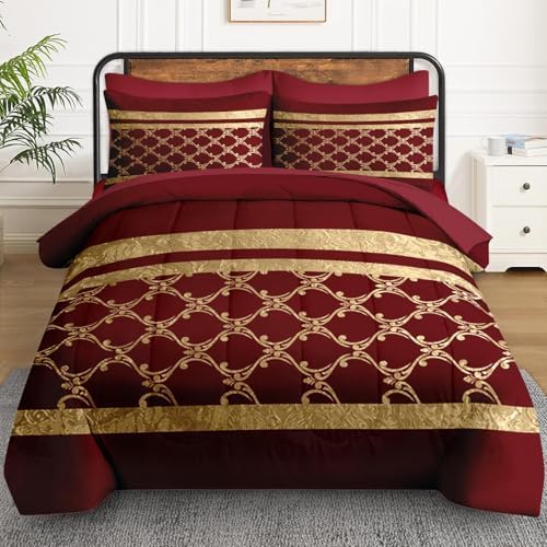 WeCozy Twin Comforter Set with Sheets, 5 Pieces Red Gold Bedding - Image 2