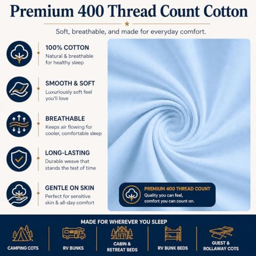 Zipper Cot Fitted Sheet, 33 x 75 Camping Cot Mattress Sheets, 400 Thread Count 100% Cotton, Includes 1 Wraparound Base, 2 Removable Zipper Top Sheets & 2 Pillowcases, 8 Inch Deep Pocket, Light Blue - Image 6