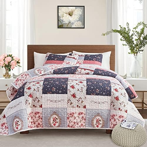 Patchwork Quilt Set Twin Size, 2 Pieces Pink Purple Floral Plaid Design Summer Bedspread Coverlet Set, Soft Microfiber Reversible Lightweight Bed Cover for Kids (68" x 86", 1 Quilt+ 1 Pillow Sham) by Flysheep