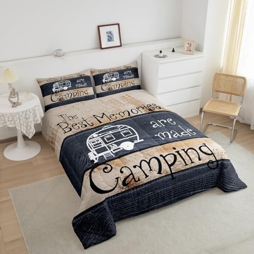 Erosebridal Happy Camping Comforter Full Rustic Camper Rv Comforter Set for Kids Adults Farmhouse Cabin Camper Bedding Set for Bunks,Navy Brown Barn Door Quilt Duvet Insert 2 Pillow Cases - Image 4