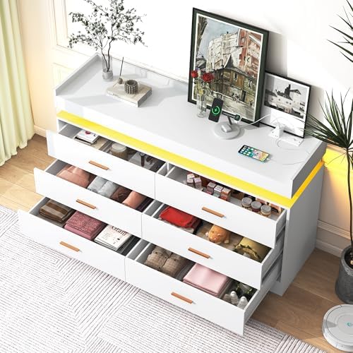 jiteentarou 6 Drawer Dresser with Charging Station and LED Lights, Modern Chest of Drawers with Power Outlet, Organizer Cabinet for Bedroom, Living Room, White - Image 4