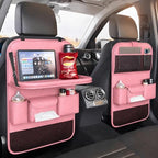 2 Pack Leather Car Backseat Organizer with Foldable Table Tray, Universal Car Seat Back Protector Kick Mat with Touchscreen Tablet Holder, Storage Pockets, Cup Holders & Tissue Holder, Pink by QIANKUNCaraccessories