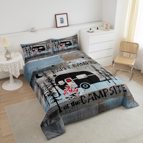 Erosebridal Rustic Farmhosue Down Comforter Queen Camper Bedding Set for Travel Trailers,Happy Rv Camping Comforter Set,Campsite Bed Set for All Season,2 Pillow Cases Blue Grey Black - Image 3