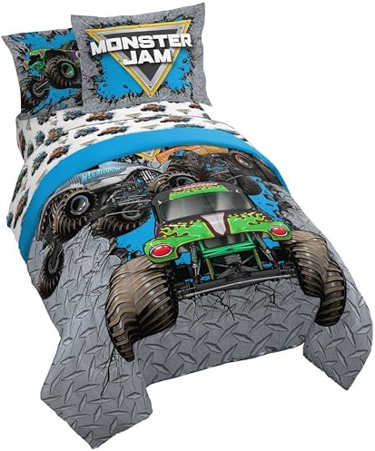 Monster Jam Twin Comforter Set 5 Piece Kids Sports Bedding for Boys, Gray by JayFranco