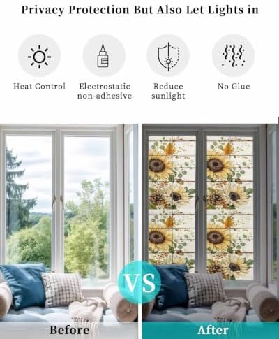Window Privacy Film Frosted, Pumpkins Sunflower Fall Reusable Static Cling Window Tints, Thanksgiving Botanical Wooden Heat Control Windows Films for Offices, Balcony, 29.5 x 118 Inches - Image 6