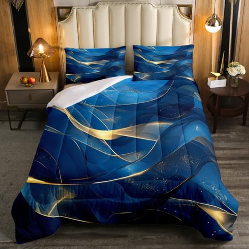 Erosebridal Navy Blue and Gold Comforter Set Full Size,Abstract Marble Aesthetic Bedding Set for Kids Adults Room Decor,Watercolor Abstract Art Quilt Bed Set Modern Style Down Comforter 3Pcs by Erosebridal