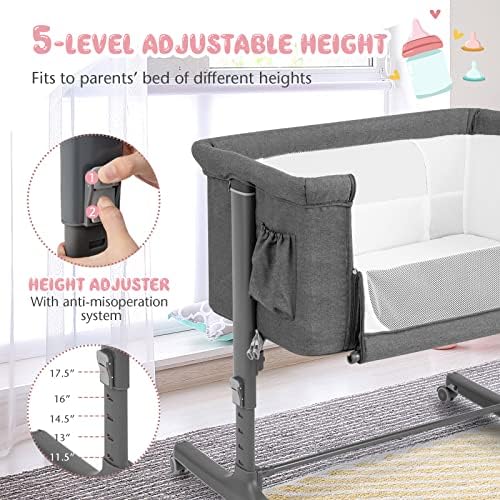 BABY JOY Bassinet Bedside Sleeper, 3 in 1 Folding Crib w/Adjustable Height, Mattress, Lockable Wheels, Storage Pocket & Carry Bag for Infant Newborn, Stationary & Rock, Portable Baby Bassinet (Grey) - Image 2