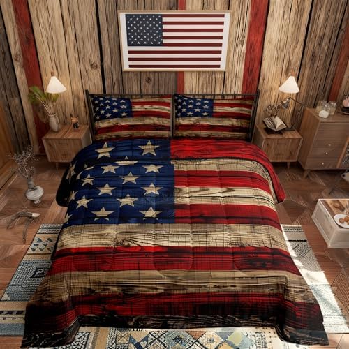 Castle Fairy American Flag Quilt Set Full Size, Brown Wooden Board Country Retro Farmhouse Natural Style Comforter Set for Girls Teens Bedroom Present, Microfiber Bedding Set with 2 Pillowcases - Image 3