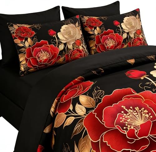 CCoutueChen Red Rose 7 Piece King Comforter Set, Black Gold Floral Bedding - Image 2
