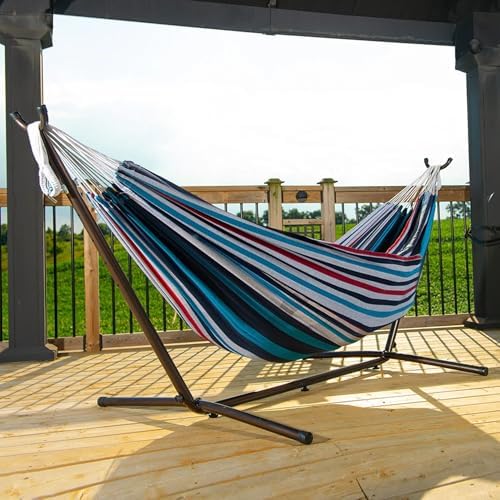 Vivere Double Cotton Hammock with Space Saving Steel Stand, Upgraded Polyester End Strings 450 lb Capacity - Premium Carry Bag Included - USA Grown Cotton (Denim) - Image 5