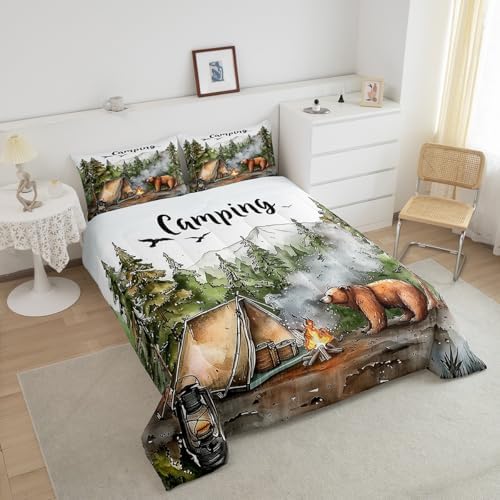Erosebridal RV Camper Queen Bedding Set,Kids Camping Decor Comforter Set for Travel Trailers,Rustic Cabin Bear Quilt Set Forest Mountain Adventure Bed Comforter Sets,2 Pillowcases - Image 4