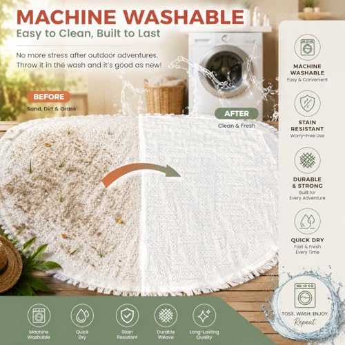 White Picnic Blanket, Oversized 71'' x 71'' Cotton Polyester Boho Beach Blanket, Lightweight Outdoor Mat, Machine Washable for Park, Camping & Photoshoot (Khaki) - Image 7