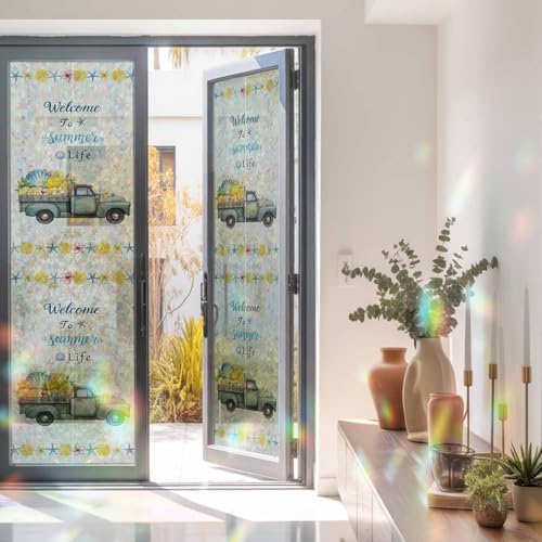 Summer Truck Lemon Window Privacy Film Rainbow Static Cling Stain Glass Window Film for Glass Door, Decorative Heat Blocking Sunroof Decal Sticker for Car 29.5"x118" Nautical Coastal Linen Texture - Image 3