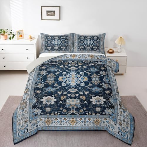 Erosebridal Navy Blue Floral Full Comforter Set - Vintage Flower Boho Bedding Set for Kids Adults | Farmhouse Cottage Flowers Quilt | Retro Aesthetic Bedroom Decor with 2 Pillowcases - Image 2