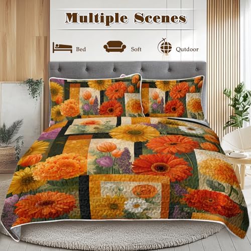 BlessLiving 3-Piece Quilts Queen Size, Ultra Soft Microfiber Lightweight Daisy Frame Pattern Bedspreads Coverlets Bedding Set with 2 Pillow Shams for All Seasons, Autumn Bed Cover for Women - Image 3