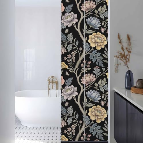 Window Privacy Film Frosted, Vintage Garden Flower Reusable Static Cling Window Tints, Rustic Floral Leaf Pastoral Black Heat Control Windows Films for Offices, Balcony, 29.5 x 118 Inches - Image 3