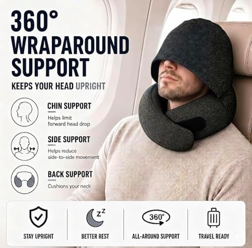 Travel Neck Pillow with Hood, Upgraded Memory Foam Airplane Pillow for Sleeping, 360° Support U Shaped Travel Pillow with Hidden Eye Cover, Portable Flight Accessories for Plane Car Office(Black) - Image 2