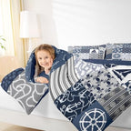 Castle Fairy Nautical Themed Checkered Bedding Comforter Twin Size Ocean Adventure Comforter Set for Kids Boys Teens,Navy Blue Rudder and Boat Anchor Quilted Duvet Patchwork Stripes Duvet Insert 2pcs - Image 3