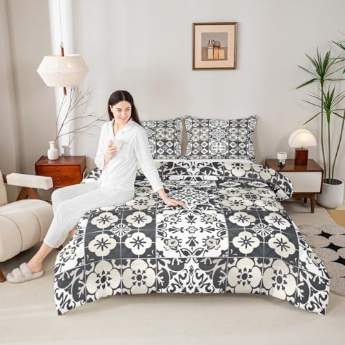 Erosebridal Mexican Talavera Tile King Bedding Set - Vintage Flower Mexico Comforter Set, Retro Floral Patchwork Quilt for Kids Adults, Exotic Ethnic Aesthetic Bedroom Decor - 2 Pillowcases by Erosebridal