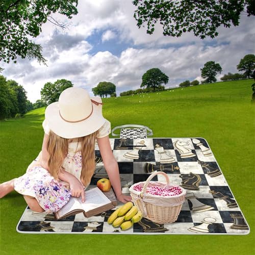 MNSRUU Picnic Blanket Waterproof Foldable, Chess Black White Grid Large Outdoor Picnic Beach Camping Blanket Travel Mat, Shoulder Strap Tote, Rectangle 57x59in - Image 2