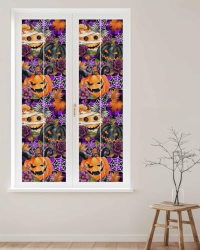Window Privacy Film Frosted, Pumpkins Halloween Reusable Static Cling Window Tints, Black Horror Purple Check Floral Heat Control Windows Films for Offices, Balcony, 29.5 x 118 Inches - Image 2