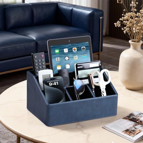 PU Leather Desk Organizer, Remote Control Holder, Dark Blue - Image 2