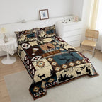 Deer and Bear Wild Animal Bedding Set King Size,Tribal Exotic Style Patchwork Plaid Comforter Set Room Decor for Home,Retro Rustic American Geometric Microfiber Down Comforter,with 2 Pillowcases - Image 3