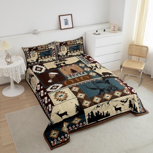 Deer and Bear Wild Animal Bedding Set King Size,Tribal Exotic Style Patchwork Plaid Comforter Set Room Decor for Home,Retro Rustic American Geometric Microfiber Down Comforter,with 2 Pillowcases - Image 3