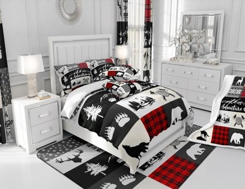 Castle Fairy Deer Antlers Comforter Set King Size,Bear Pine Wolf Hunting Camper Bedding Set All Season Quilt Set,Adventure Rustic Farmhouse Red Plaid Microfiber Polyester Down Comforter - Image 6
