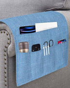 Sofa Armrest Organizer Bedside Caddy, Blue Burlap Texture Non Slip Couch Remote Control Holder for Recliner, Farmhouse Vintage Blue Armchair Caddy with Pocket for Magazine, Phone, 19.7"x35" - Image 3