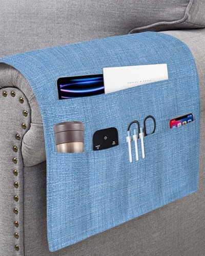 Sofa Armrest Organizer Bedside Caddy, Blue Burlap Texture Non Slip Couch Remote Control Holder for Recliner, Farmhouse Vintage Blue Armchair Caddy with Pocket for Magazine, Phone, 19.7"x35" - Image 3