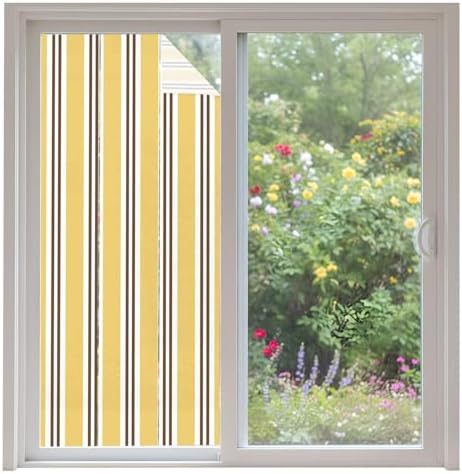 Window Privacy Film Frosted, Yellow Brown Striped Non-Adhesive Static Cling Window Tint, Modern Farmhouse Vertical Stripes Insulated Windows Frosted Films for Living Room, 35.4 x 78.7 Inches by Unknown