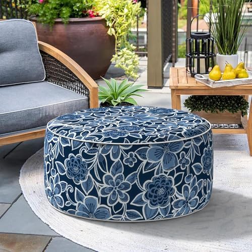 Indoor/Outdoor Inflatable Ottoman, All Weather Ottoman Pouf D31 x H14 inch, Round Foot Rest Ottomans, Portable Footstool for Patio, Garden, Porch, Home,Flower Navy - Image 4