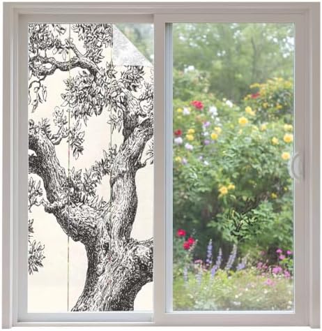 Window Privacy Film Frosted, Vintage Botanical Non-Adhesive Static Cling Window Tint, Antique Foliage Tree Rustic Insulated Windows Frosted Films for Living Room, 35.4 x 78.7 Inches by Unknown