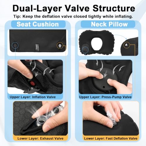 Inflatable Airplane Seat Cushion with Neck Pillow Eye Masks Earplugs&Bag for Long Flights, Portable Wheelchair Seat Cushion, Press-Type Air Cushion with Non-Skid Bottom for Travel, Office - Image 5