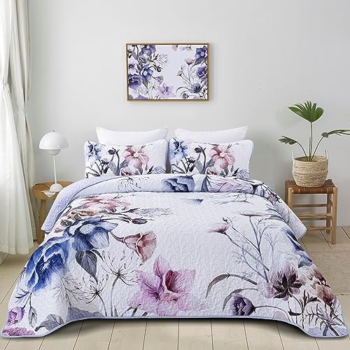 Drucon Floral Quilt Set King 3 Pieces Light Blue Floral Quilt Coverlet Set by DRUCON