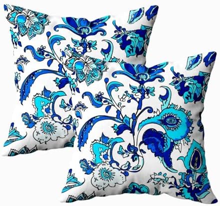 EMMTEEY Blue White Ornate Watercolor Floral Pillow Covers 26x26 Set of 2 by EMMTEEY