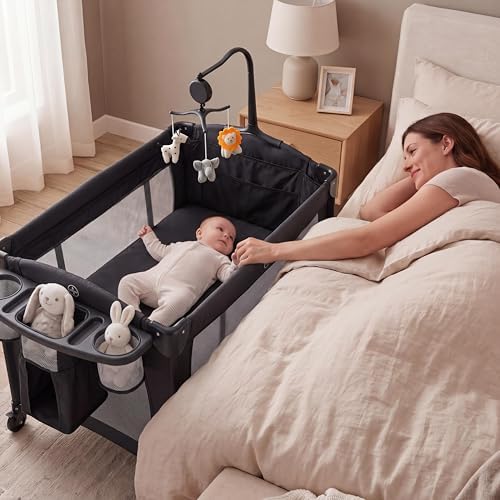 4 in 1 Pack and Play, Portable Travel Baby Bassinet with Rocking Bassinet & Diaper Changing Table, Infant Baby Playard with Mattress, Large Toddler Playpen,Storage Pocket，Carry Bag & Rotating Toy Bar by GarveeTech
